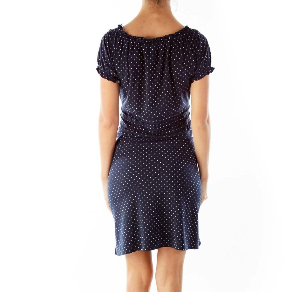 BCBG MaxAzria Navy White Scrunched Polka-Dot Day Dress - Picture 2 of 3